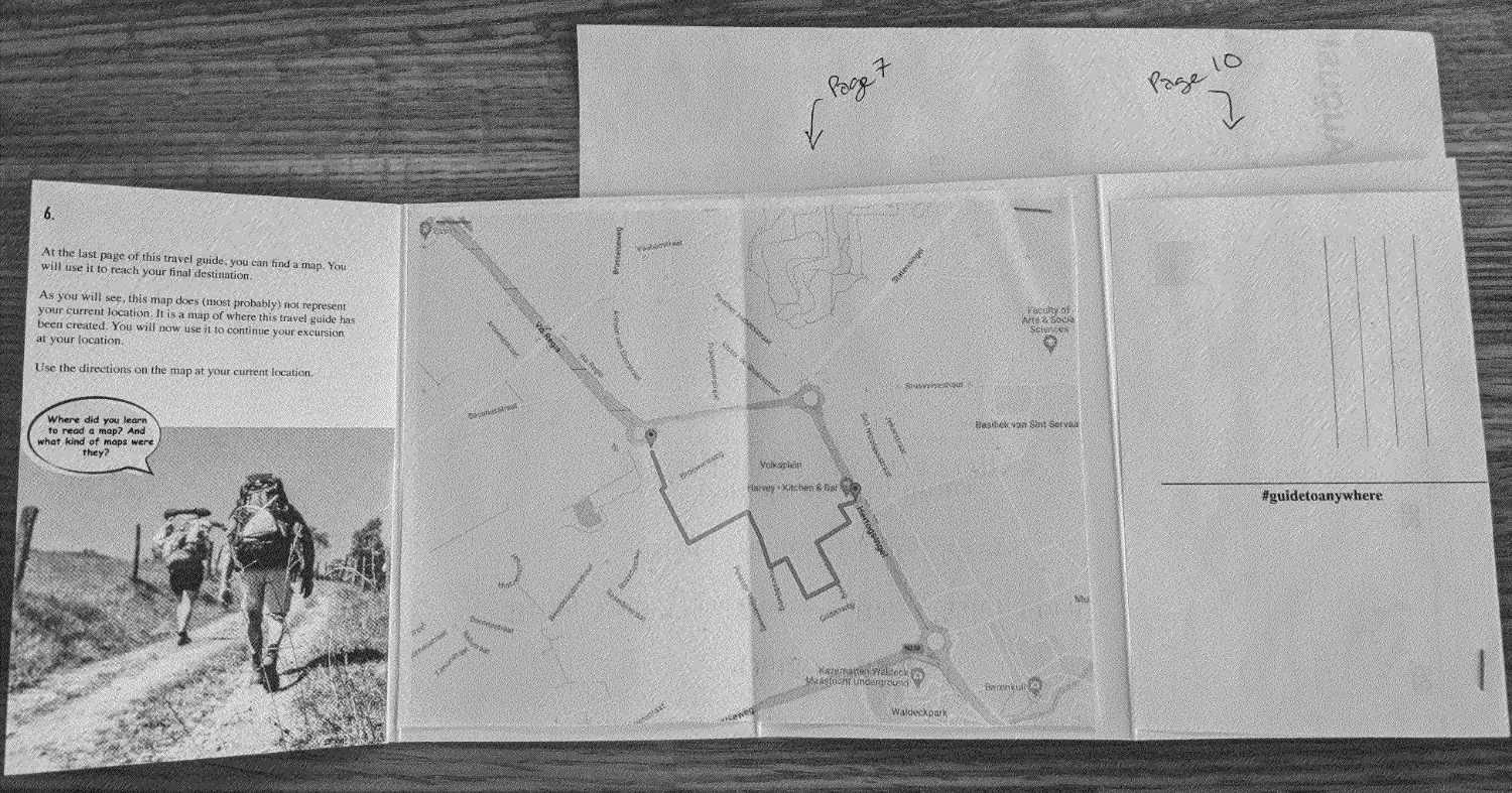 Dithered photo of the zine with the back flap opened and new pages, including a googlemap and a postcard backing, pasted in place