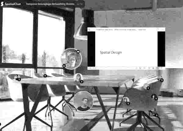 screenshot of a group discussion in the spatial chat platform; many small bubbles with videos of faces gather around Michelle as she delivers a slide that reads spatial design