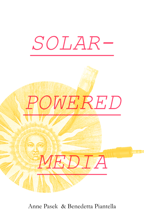 front page of Solar-Powered Media with the title in red text over a yellow woodcut of a sun with audio and ethernet plugs coming out of its rays
